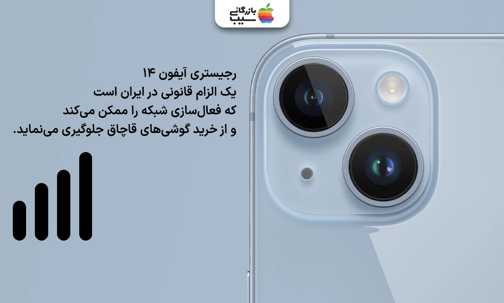 تصویر یک آیفون 14 نو در حال راهاندازی، با پیغام عدم رجیستری روی صفحه و نماد شبکه قطعشده در نوار بالا.