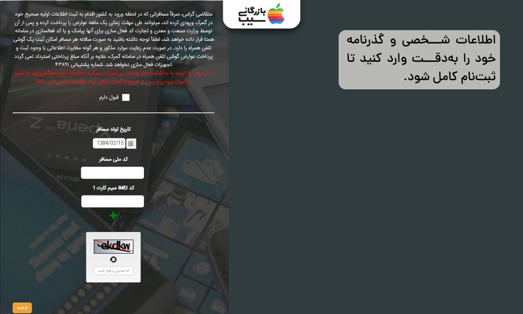 تصویری از بخش ورود اطلاعات مسافر و گوشی در سامانه گمرک