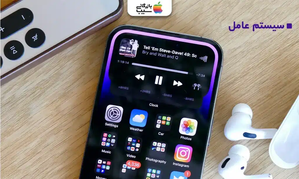 نمایی از صفحه قفل iOS 16 روی آیفون 14 پرو با آیکون‌های نرم‌افزاری و ویژگی‌های هوش مصنوعی.