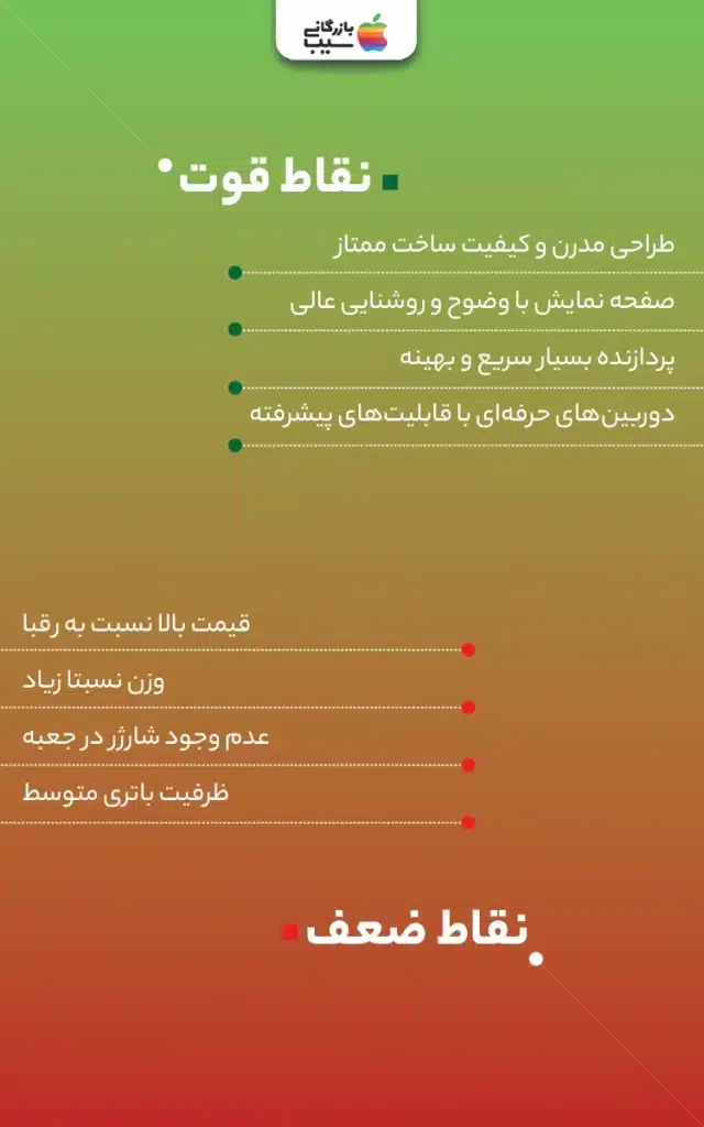 نموداری دو ستونه که مزایا و معایب آیفون 14 پرو را به صورت خلاصه نمایش میدهد.
