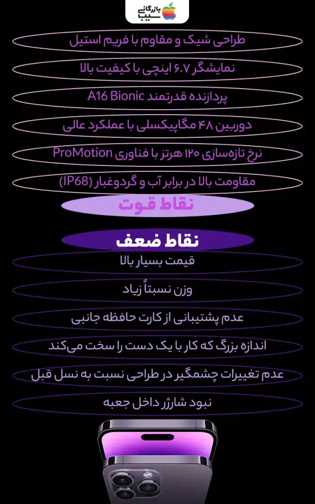 جدول مقایسه‌ای مزایا و معایب آیفون ۱۴ پرو مکس روی زمینه سفید