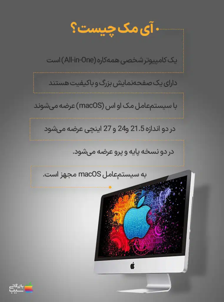 یک تصویر از آی مک، یک کامپیوتر شخصی All-in-One که توسط شرکت اپل ساخته‌شده است. (اینفو)