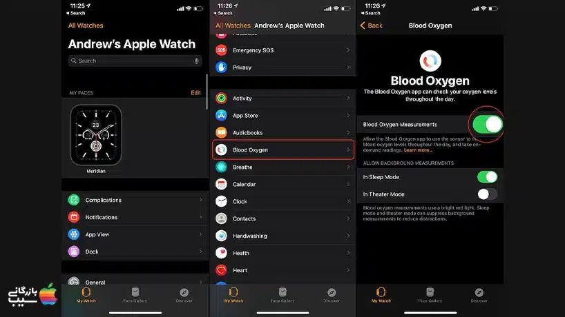 تصویری از مراحل فعال کردن ویژگی اکسیژن خون اپل واچ.
