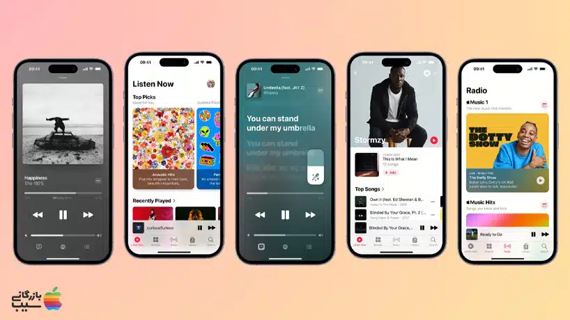 تصویر، لوگوی Apple Music را در فروشگاه اختصاصی اپل در قالب یک آیفون 13 نشان می‌دهد. این برنامه برای دانلود اهنگ آیفون میباشند.