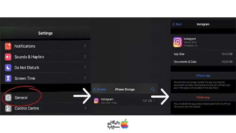 تصویر، مراحل حذف حافظه پنهان اینستاگرام در آیفون را به صورت مرحله به مرحله نشان می‌دهد.