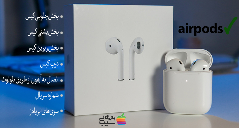 تصویری از جعبه ایرپاد و نوشته "AirPods" با علامت تیک سبز