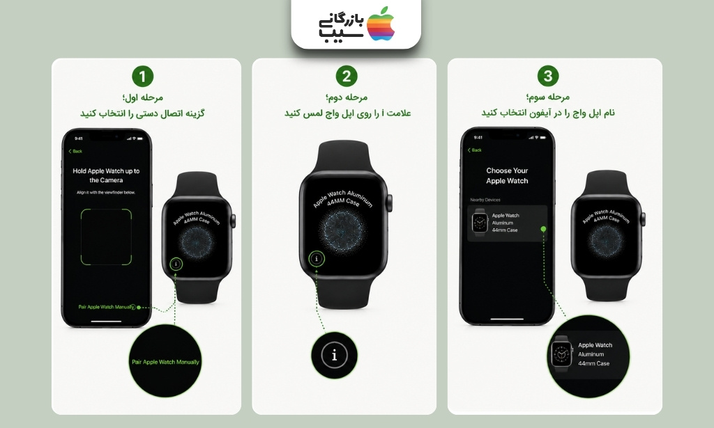 مراحل اتصال دستی اپل واچ شامل انتخاب Pair Manually، لمس علامت اطلاعات و انتخاب نام ساعت