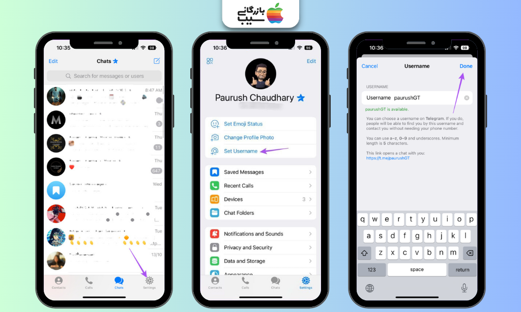 آموزش ساخت نام کاربری تلگرام در آیفون از طریق تنظیمات پروفایل و گزینه Set Username