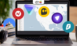 نمایش مک‌بوک با لوگوی چند فیلترشکن و VPN محبوب برای سیستم‌عامل macOS