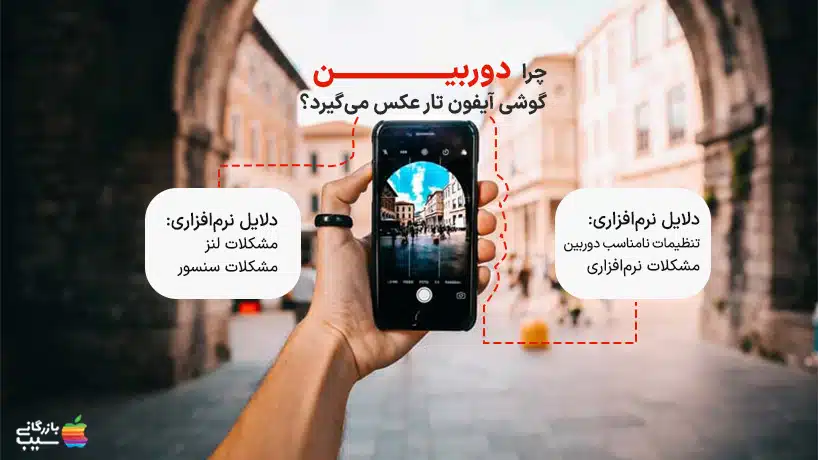 تصویری از یک دست که گوشی آیفون را گرفته و عکس می‌گیرد، اما عکس تار است.