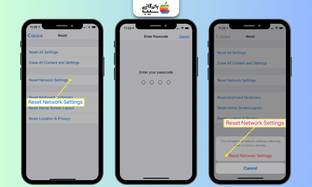 مراحل ریست تنظیمات شبکه آیفون با انتخاب گزینه Reset Network Settings و وارد کردن رمز عبور