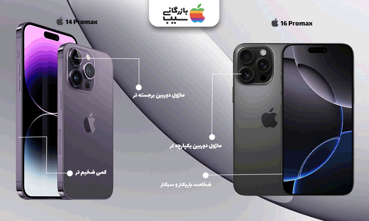 تصویری از مقایسه آیفون 16پرومکس و 14 پرومکس از نظر ظاهر بدنه و طراحی دوربین