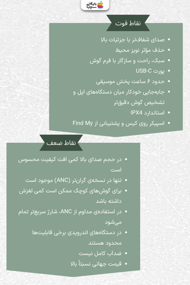 تصویر اینفوگرافی از نقاط قوت و نقاط ضعف ایرپاد 4 با نویز کنسلینگ