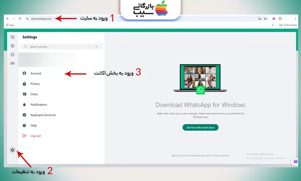 آموزش تصویری دیلیت اکانت واتساپ از طریق سایت این برنامه در تصویر نشان داده شده است.