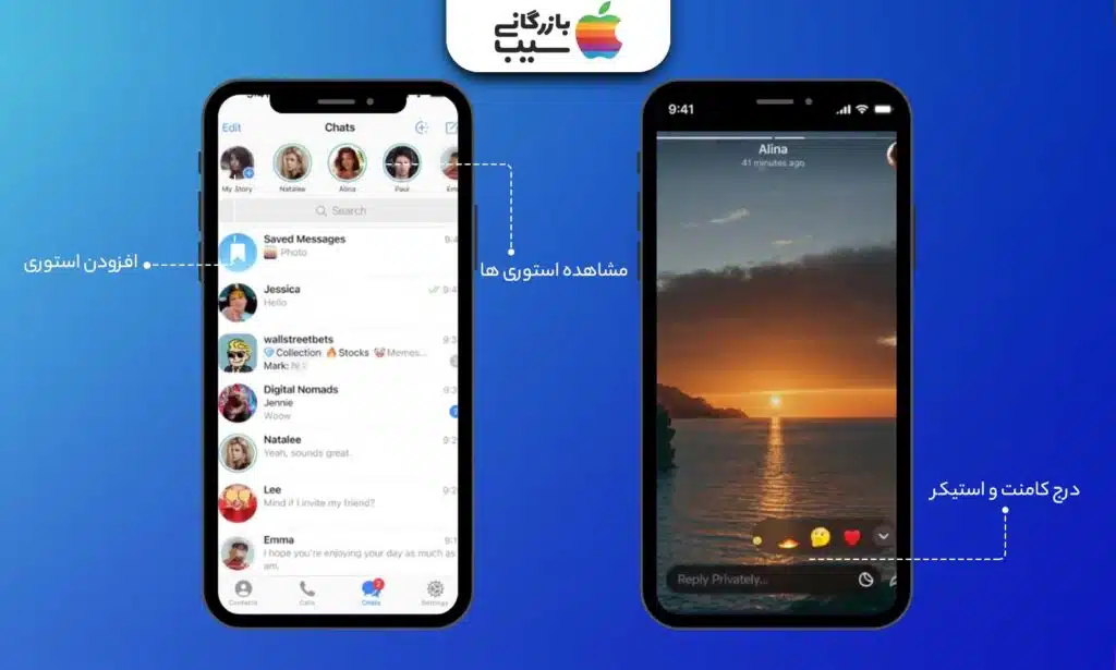 تصویری از دو آیفون که در سمت راستی استوری اپلیکیشن تلگرام پرمیوم و در سمت چپی روش استوری گذاشتن و دیدن استوری های افراد