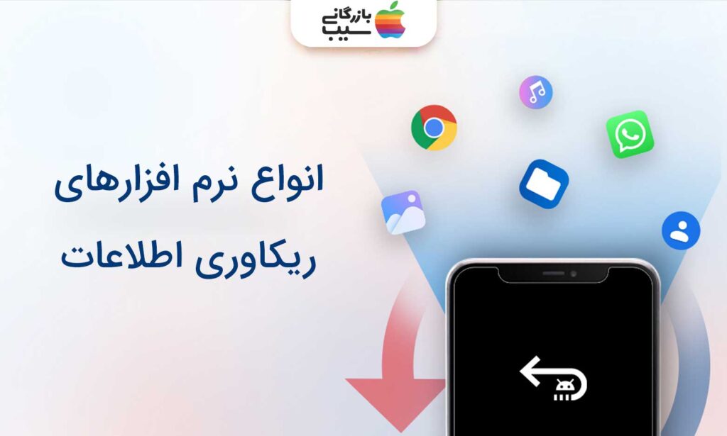 تصویری از یک گوشی ایفون در راست تصویر با متن انواع برنامه های ریکاوری اطلاعات