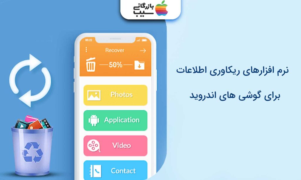 تصویری از یک موبایل در سمت چپ تصویر با متن نرم افزار های ریکاوری اطلاعات برای گوشی های اندروید