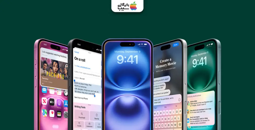 تصویری از آیفون 16 پلاس در رنگ های مختلف که اطلاعات و قابلیت هایی از هوش مصنوعی آن را نشان میدهد