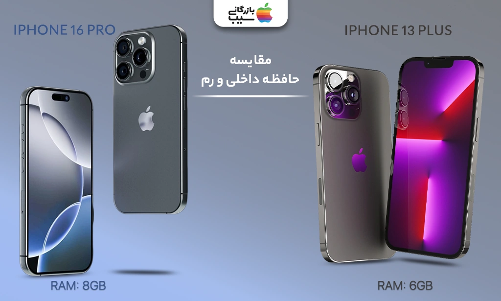 تصویر مقایسه حافظه داخلی و رم آیفون 16 پلاس و آیفون 13 پرو