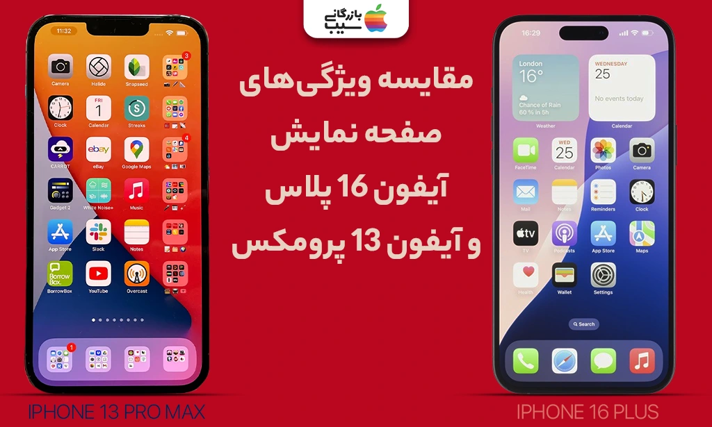 تصویری مقایسه ای از ویژگیهای صفحه نمایش آیفون 16 پلاس و آیفون 13 پرومکس