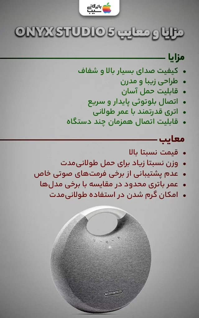 تصویری اینفوگرافی از مزایا و معایب Onyx Studio 5 به عنوان یکی از بهترین اسپیکرهای بلوتوثی هارمن کاردن