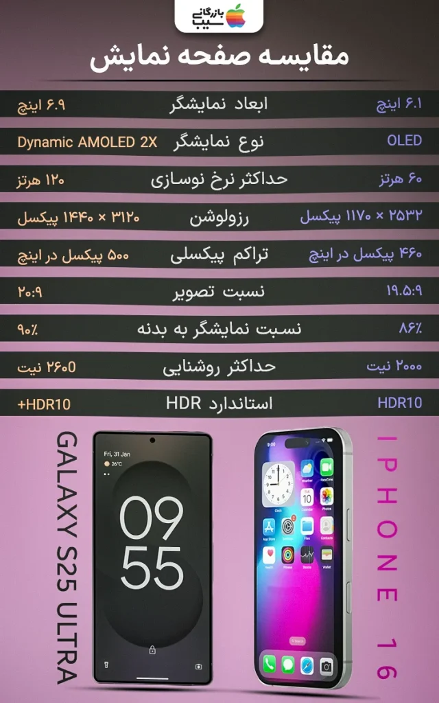 تصویر اینفوگرافی از مقایسه صفحه نمایش آیفون 16 و گلگسی S25 Ultra