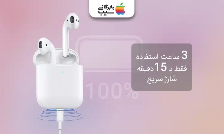 تصویری از ایرپاد 2 اپل با متن 3 ساعت استفاده فقط با 15 دقیقه شارژ سریع