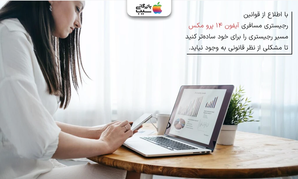 تصویری از یک خانم در حال مطالعه قوانین رجیستری مسافری آیفون 14 پرو مکس بر روی کامپیوتر