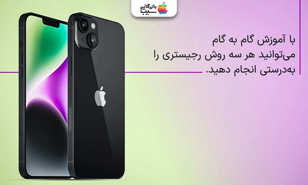 تصویری از یک آیفون 14 پلاس مشکی همراه با متن با آموزش گامبهگام میتوانید هر سه روش رجیستری را بهدرستی انجام دهید.