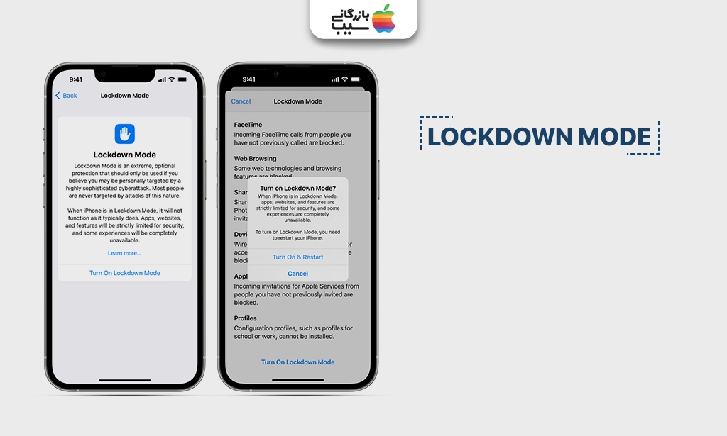 تصویری از تنظیمات آیفون که گزینههای Lockdown Mode و Safety Check به عنوان ابزارهای امنیتی آیفون فعال شدهاند