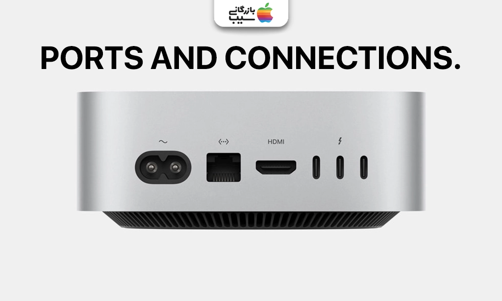 تصویر نقد و بررسی نمای پشت مک مینی M1 با نمایش انواع پورتها شامل USB-C/Thunderbolt، HDMI و Ethernet