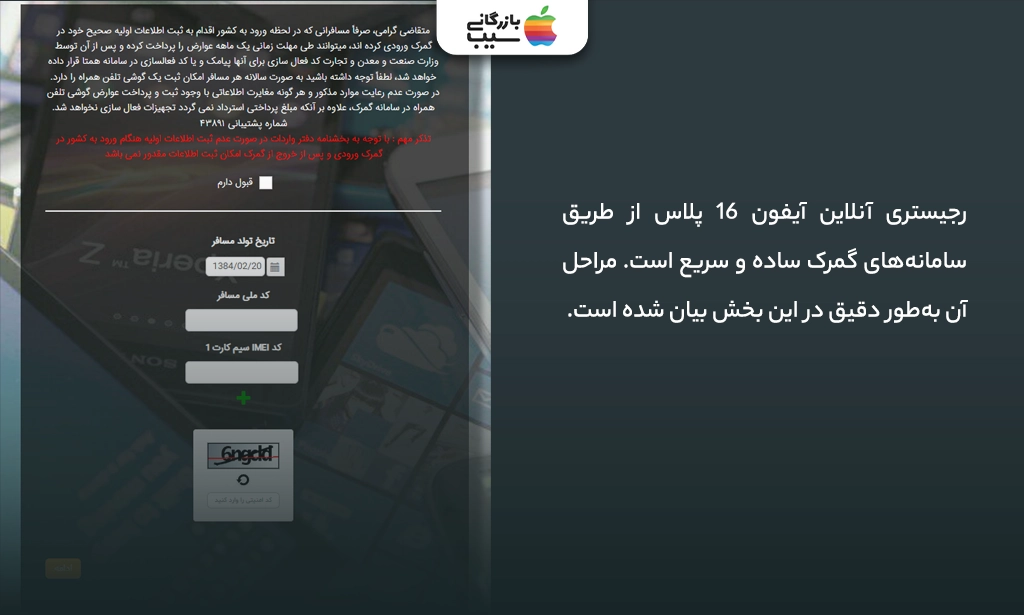 تصویر از صفحه سامانه گمرک آنلاین در حال وارد کردن اطلاعات IMEI و گذرنامه جهت رجیستری آیفون 16 پلاس