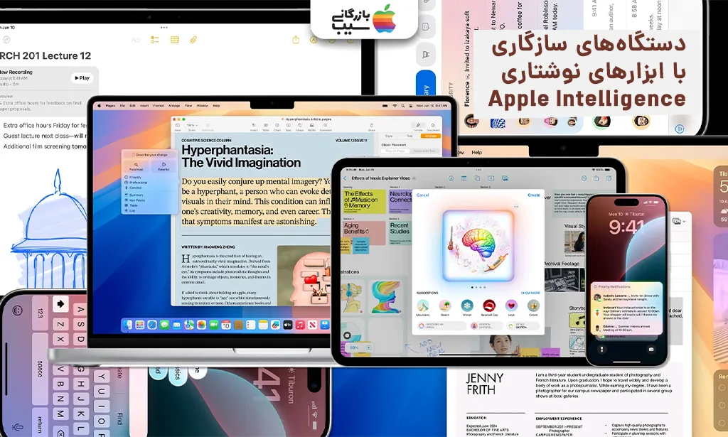 تصویر نموداری از مدلهای مختلف آیفون، آیپد و مک که از ابزارهای نوشتاری Apple Intelligence پشتیبانی میکنند