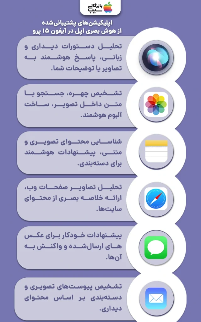 تصویر اینفوگرافی از نحوه استفاده پس از فعالسازی هوش مصنوعی بصری در آیفون 15 پرو