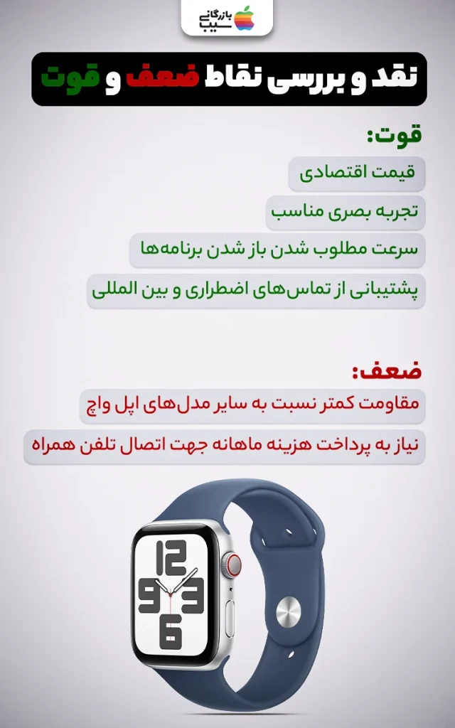 تصویری اینفوگرافی از نقد و بررسی نقاط ضعف و نقاط قوت اپل واچ سری SE 2024