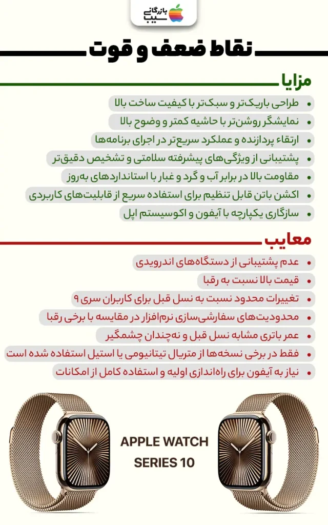 تصویر اینفوگرافی از نقد و بررسی نقاط ضعف و قوت اپل واچ سری 10