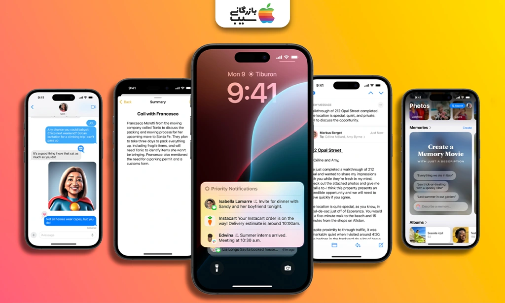 تصویر نمادین تغییرات کوچک و بهبودهای سیستم در ویژگی های iOS 18.4 شامل آیکونهایی برای باتری، امنیت، ایموجی و رابط کاربری