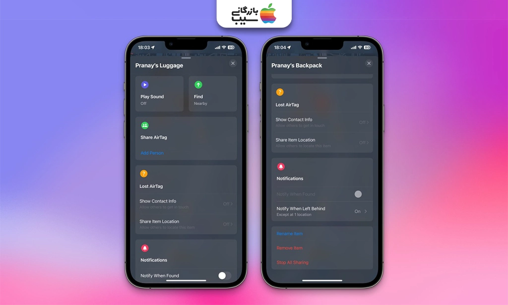 نمایی از تنظیمات حریم خصوصی ایرتگ در اپلیکیشن Find My جهت نقد و بررسی ردیاب ایرتگ اپل Apple Airtag
