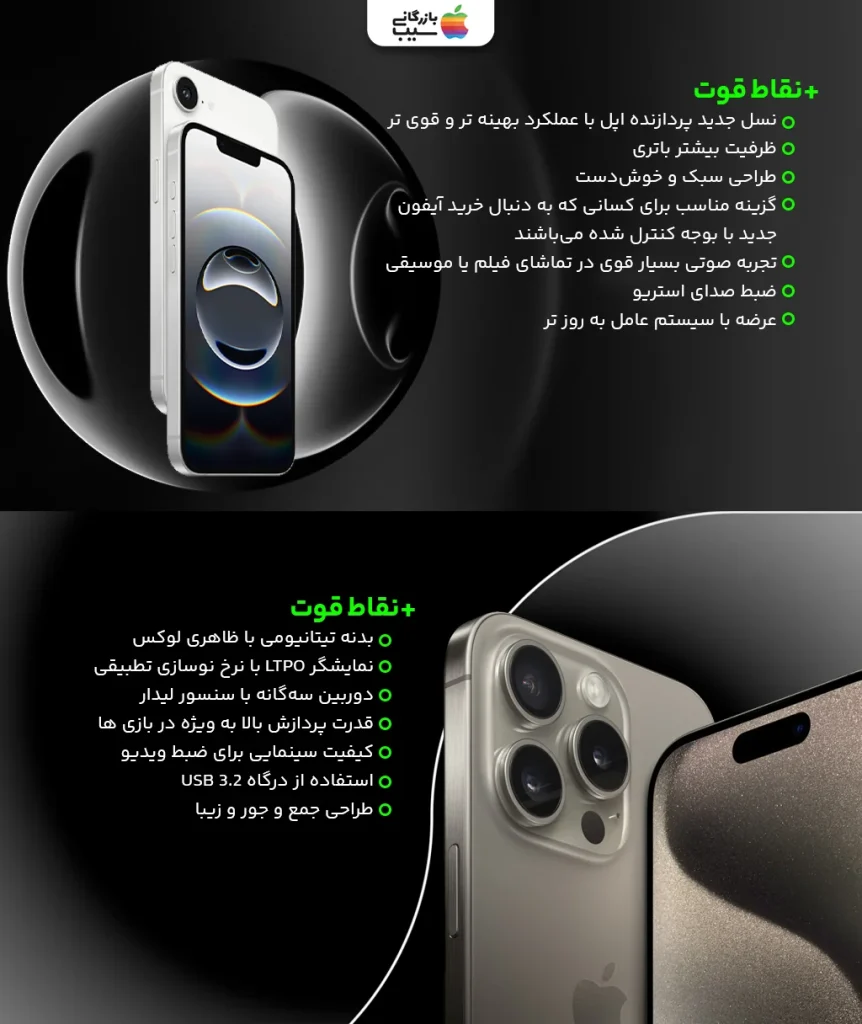 جدول مقایسه نقاط قوت آیفون 16E و آیفون 15 پرو
