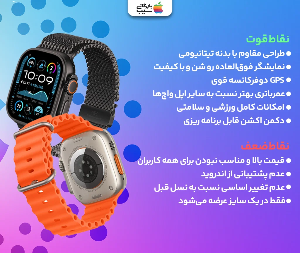 تصویر مقایسه نقاط قوت و ضعف اپل واچ اولترا ۲ در یک اینفوگرافی