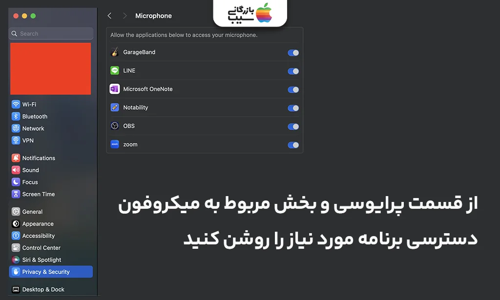 تصویر صفحه Privacy & Security در macOS که دسترسی میکروفون برای یک اپ فعال شده است