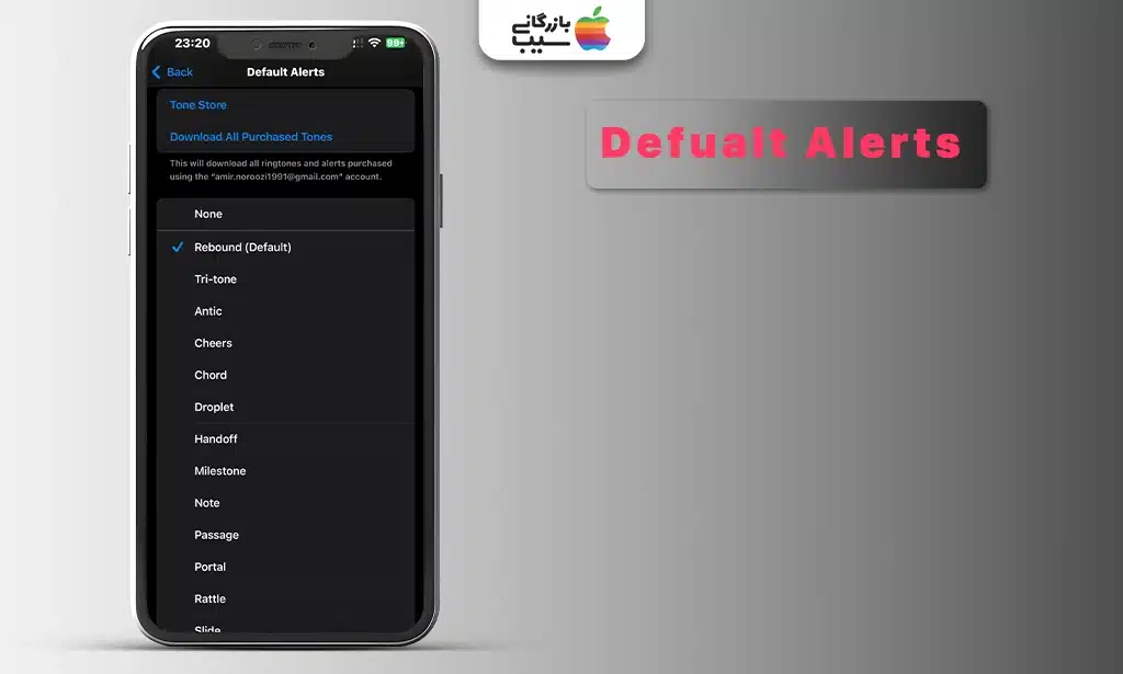 اسکرینشات از منوی Default Alerts در تنظیمات صدای آیفون که لیستی از صداهای اعلان مانند Tri-tone و Chord را نشان میدهد.