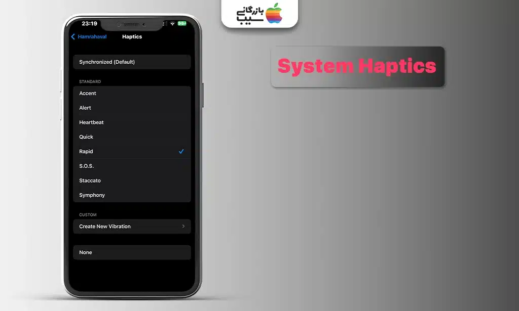اسکرینشات از منوی System Haptics در تنظیمات صدای آیفون که سوئیچ روشن/خاموش برای لرزشهای سیستمی را نشان میدهد.