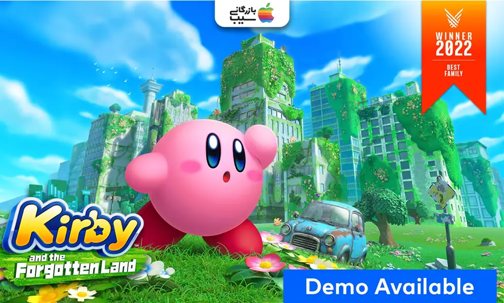 تصویری از Kirby and the Forgotten Land که Kirby در حال استفاده از Hypernova برای بلعیدن یک ماشین در یک شهر متروکه با گیاهان سرسبز است برای معرفی بهترین بازی های نینتندو سوییچ
