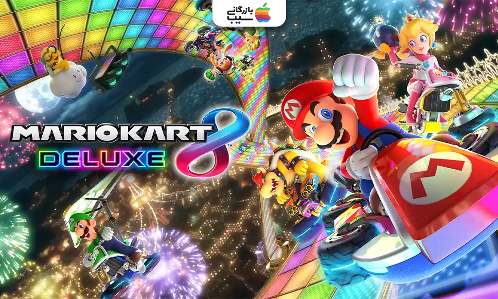 تصویری از Mario Kart 8 Deluxe که Mario و Peach در حال مسابقه در یک مسیر رنگارنگ با آیتمهای پرتابی و تماشاگران هستند برای معرفی بهترین بازی های نینتندو سوییچ