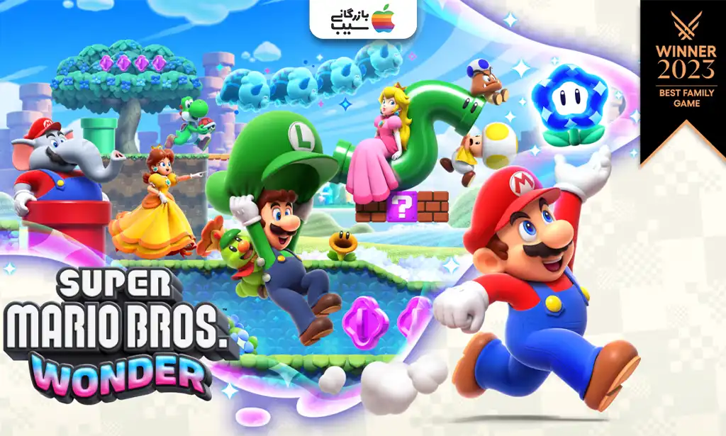 تصویری از Super Mario Bros. Wonder که Mario در حال پریدن در یک محیط رنگارنگ با گلهای جادویی و دشمنان عجیب است برای معرفی بهترین بازی های نینتندو سوییچ