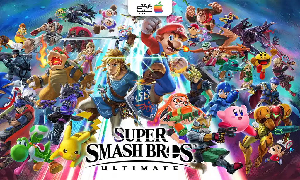 تصویری از Super Smash Bros. Ultimate که Link و Mario در حال مبارزه در یک میدان نبرد با آیتمهای پرتابی و تماشاگران هستند برای معرفی بهترین بازی های نینتندو سوییچ