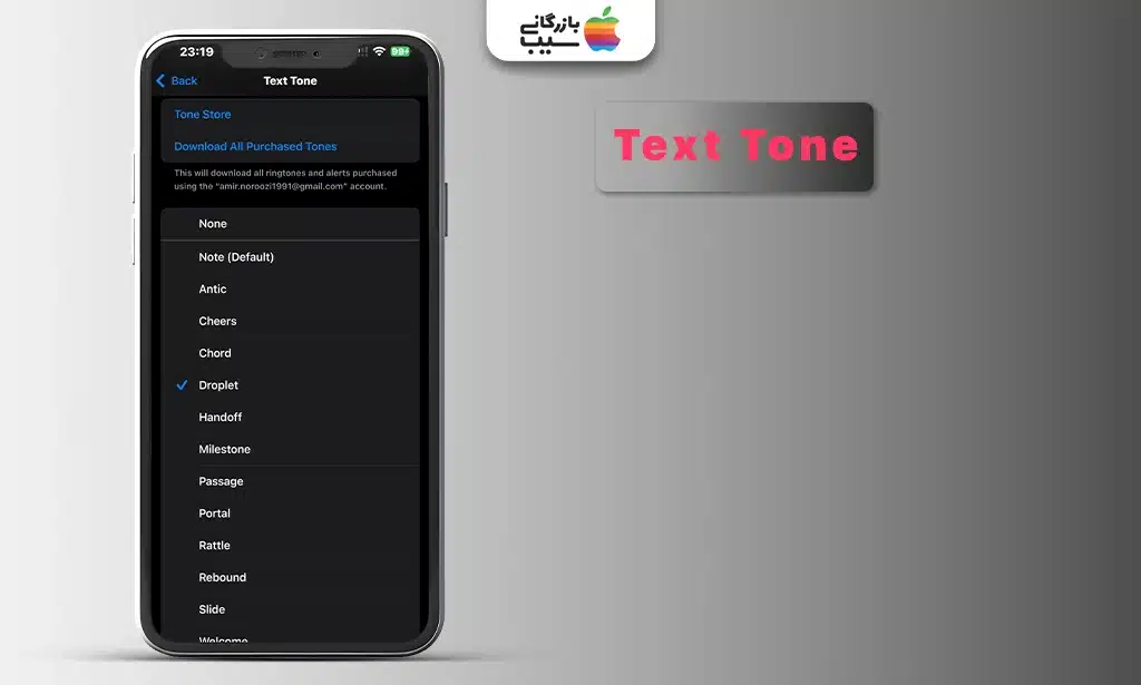 اسکرینشات از منوی Text Tone در تنظیمات صدای آیفون که لیستی از صداهای اعلان پیام مانند Note و Chord را نشان میدهد.