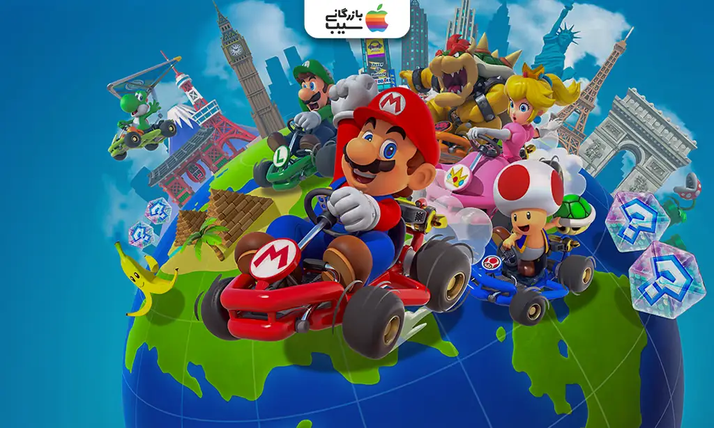 تصویر کارتونی از مسابقه در Mario Kart Tour با شخصیتهای معروف و کارتهای رنگی مسابقهای.
