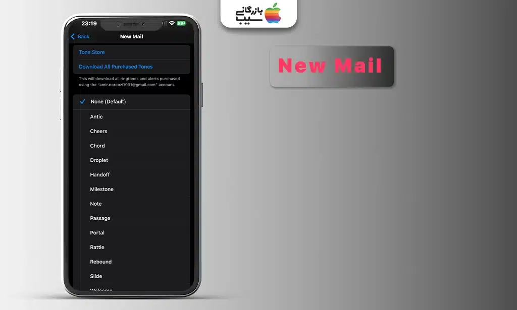 اسکرینشات از منوی New Mail در تنظیمات صدای گوشی در iOS که لیستی از صداهای اعلان مانند Ding و Swoosh را نشان میدهد.